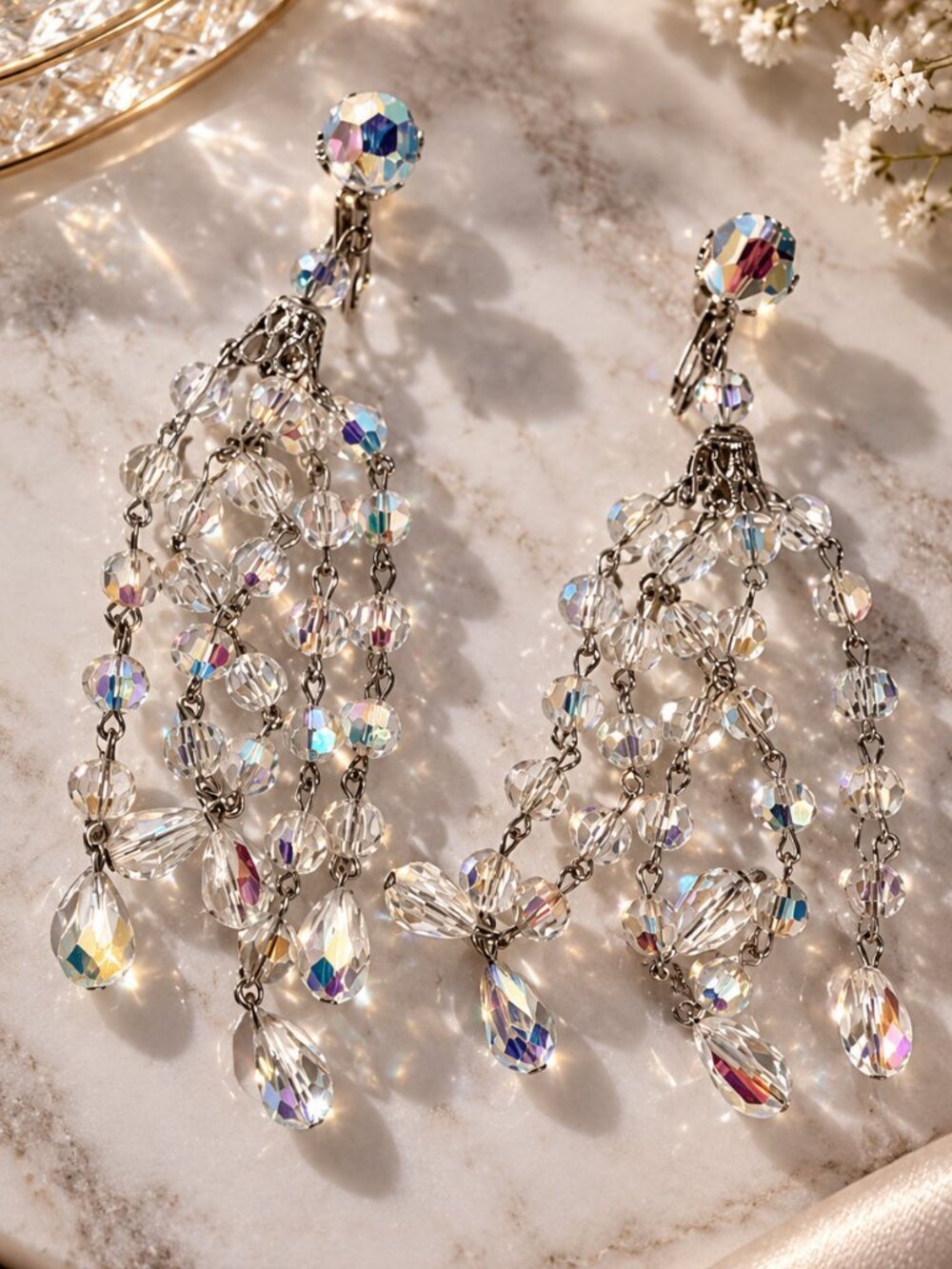 Vintage Sherman Crystal Waterfall Chandelier Earrings